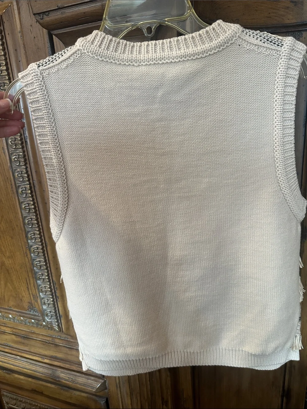 Tory Burch Cream V-Neck Fringe Knit Sweater Vest with black Stripes